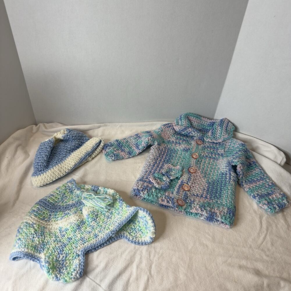 Hand Knitted Baby Cardigan, Hat Sets Multicolour Blue White And Green And Pink